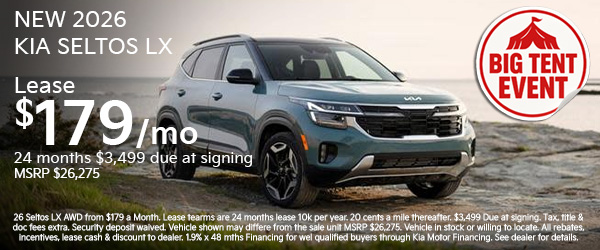 New 2026 Kia Seltos  LX Lease $179 per month for 24 months $3,499 due at signing MSRP $26,275.
