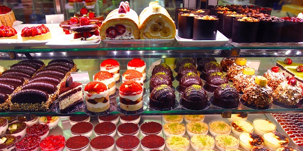 Glass case of desserts