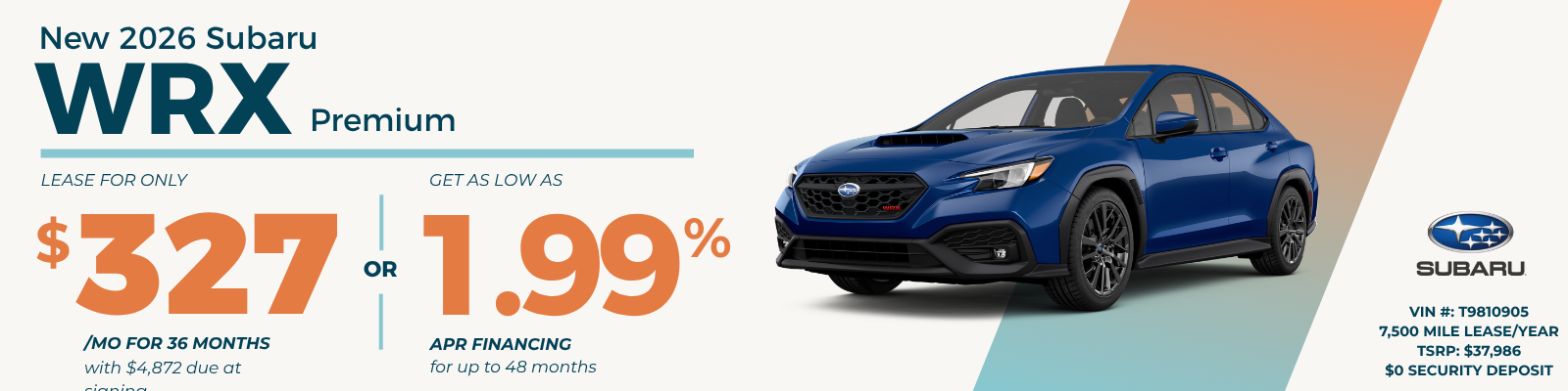 2026 Subaru WRX Premium Manual AWD Lease and Finance Offer, Toms River NJ