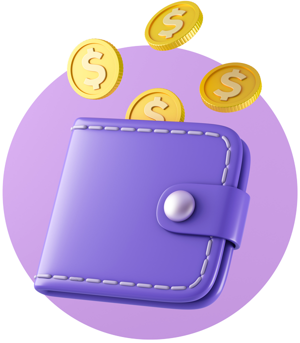 Purple wallet with yellow coins popping out