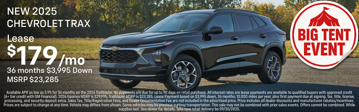 New 2025 Chevrolet Trax. Lease $179 per month for 36 months $3,995 down MSRP $23,285.